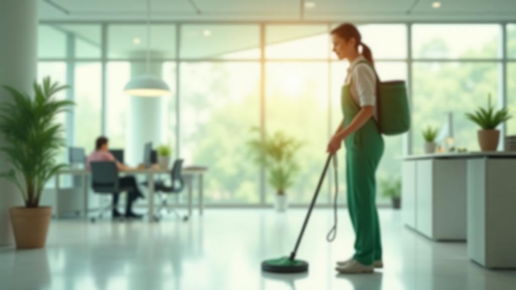 Professional cleaner using eco-friendly equipment in a bright office